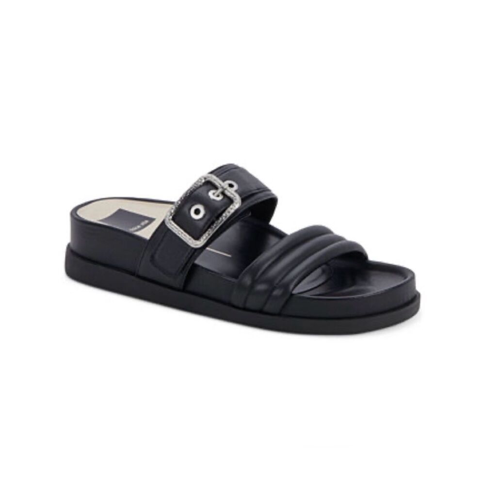 Dolce Vita SHAILA Black Puffer Leather Buckle Strap Slide Sandals